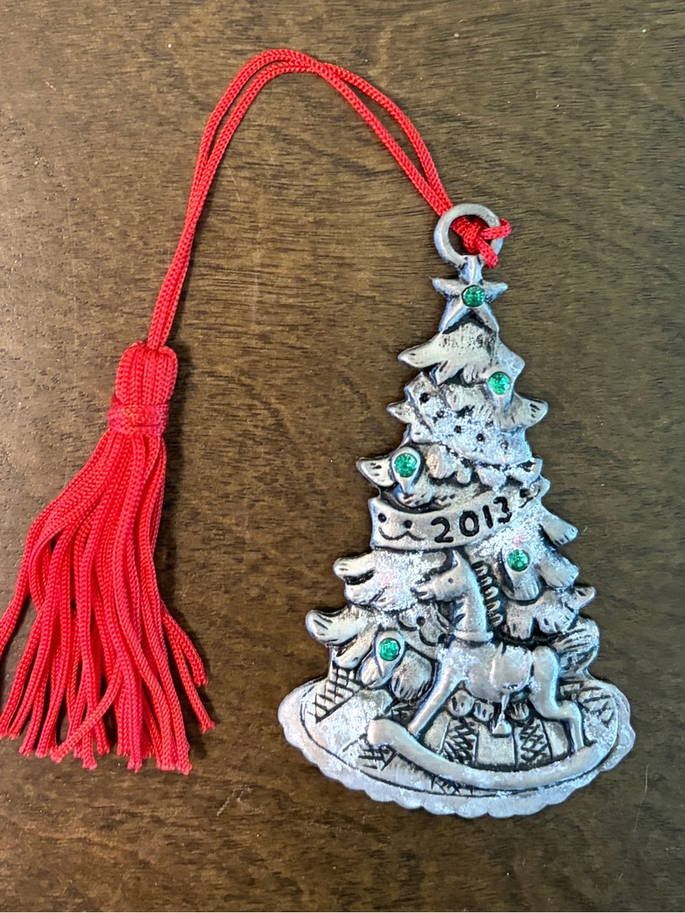 2013 Avon Pewter Christmas Tree Ornament Rocking Horse Green Rhinestones Tassel